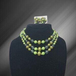 Vintage 50s-60s Triple Strand Green Beaded Necklace & Matching Clip-on Earrings